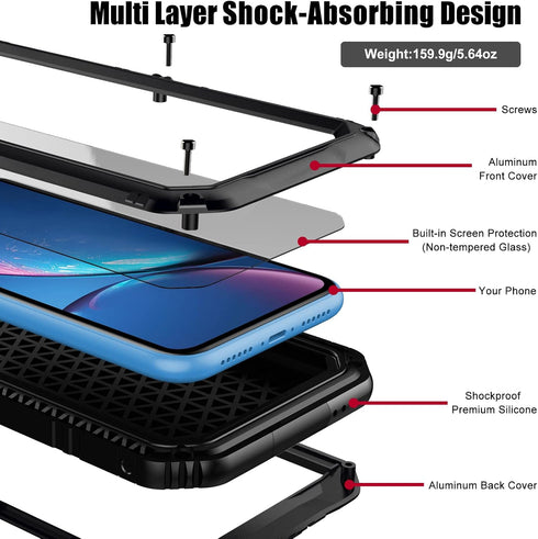 Beasyjoy Metal Case for iPhone XR, Waterproof Heavy Duty with Built-in Screen Protector, Black