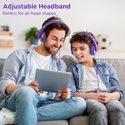 rockpapa Comfort+ Kids Headphones with Microphone, Boys Girls Student Over-Ear Wired Headphones for School, Purple Green