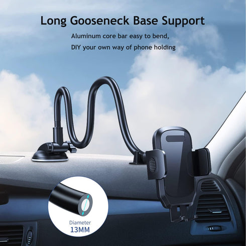 Junecarp 2 1 Car Phone Holder Mount,Dashboard/Windshield/Air Vent Cell Phone Holder,Gooseneck Long Arm Cradle