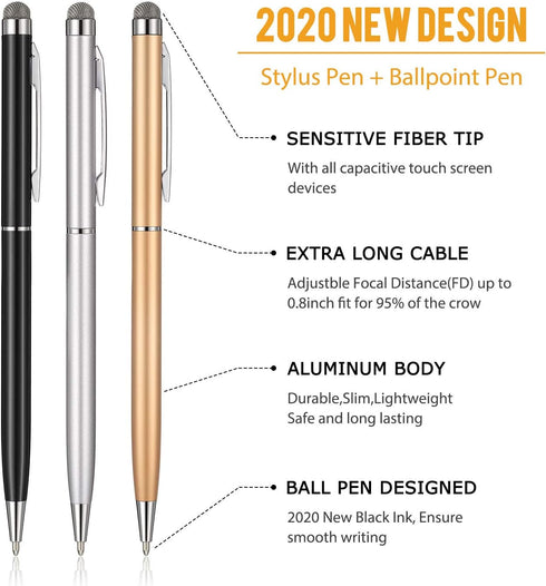 Outus 12 Pieces Stylus Pens for Touch Screens, Retractable Fiber Tip 2 in 1 Capacitive Ballpoint Pen for iPad iPhone