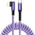Fast Charging Purple Lightning to USB-C Cable, 2ft to 8ft Right Angle Coiled for iPhone.