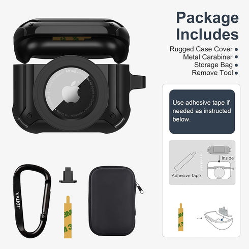 Valkit Compatible AirPods 3 Case and AirTags Case Cover, 2 in 1 Rugged Protective Case with Keychain, Black