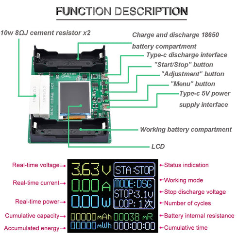 18650 Battery Capacity Tester: LCD Display Digital Automatic Charge and Discharge Tester with Type-C Port