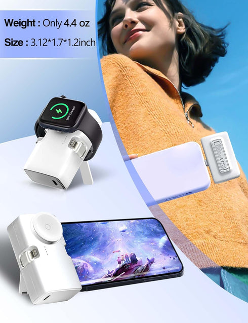 Portable Charger for iPhone Apple Watch, 20W Mini Fast Charging Power Bank USB C Foldable, 5000mAh Travel Battery Pack