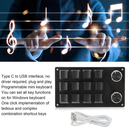 One Handed Macro Mechanical Keyboard, 12 Key Multifunction DIY Programmable Keypad for Office Gaming Lab