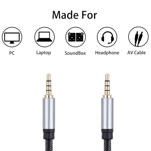 Male to Male Audio Cable 1Ft, 3.5mm 4 Pole Nylon Braided Stereo Aux Cable for Headphones, PS4, Phone, Tablets, PC,