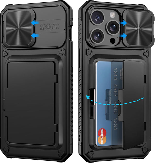iPhone 15 Pro Max Case - Rugged Black Wallet Case with Card Holder, Kickstand & Slide Camera Cover, Military Grade