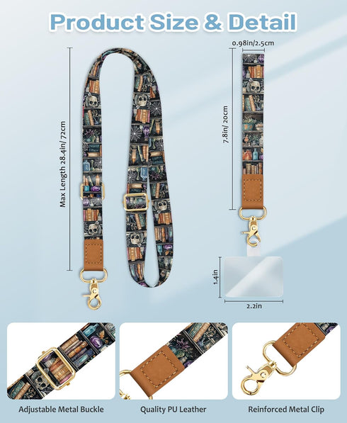 Goth Phone Lanyard Crossbody Strap, Gothic Bookshelf Cell Phone Lanyards for around the Neck Cross Body, Witchy Skull