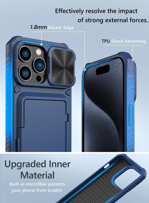 Vihibii iPhone 15 Pro Max Wallet Case, Blue: Card Holder (4 Cards), Kickstand, Slide Lens, Shockproof, Raised Edges.