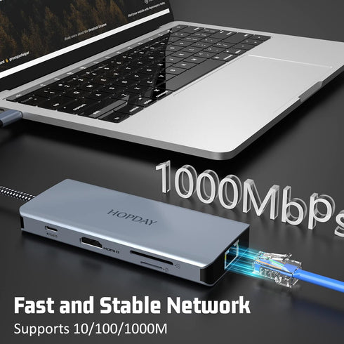 HOPDAY 8 4K Adapter(RJ45 3.0,PD 100W,SD/TF USB C Hub, Ports USB C Dock with Double Monitor HDMI, USB C LAN Port, USB