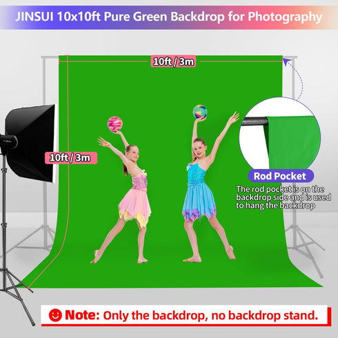 JINSUI 10x10 Green Screen Backdrop ft, Chroma Key Greenscreen Background for Streaming Zoom, Photo Backdrop Curtain