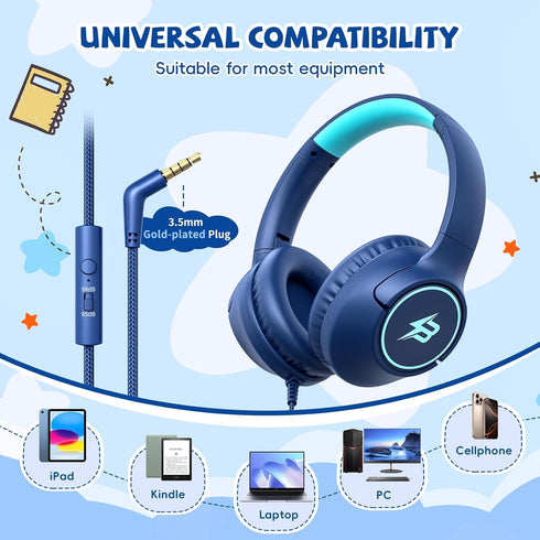 85/94dB 3.5mm Kids Headphones Wired for School, Volume Limit, Wired Over Ear Headphones for Kids Boys Girls