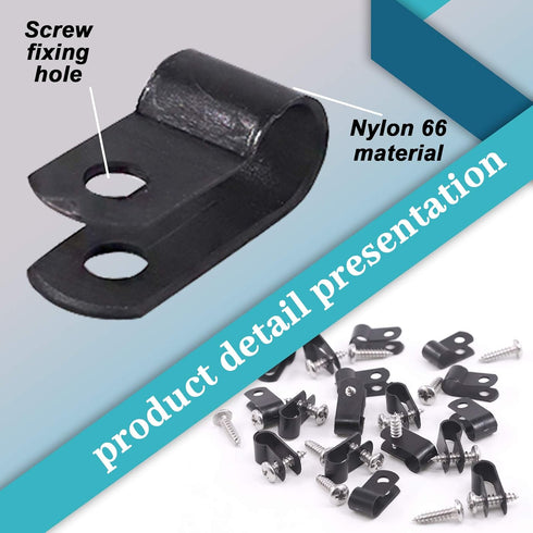Glarks 60Pcs 1/4 Inch Black Nylon Screw Mounting R-Type Cable Clip Kit with Screws for Wire and Cable