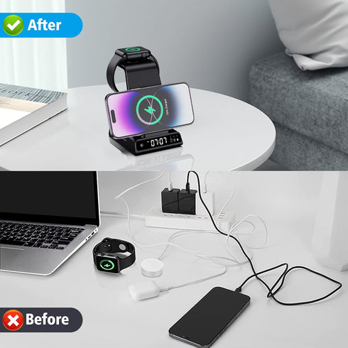 YiJYi 3 in 1 Wireless Charging Station with Digital Clock for iWatch SE/6/5/4/3/2/1, AirPods Pro, iPhone 15/14/13/12/11