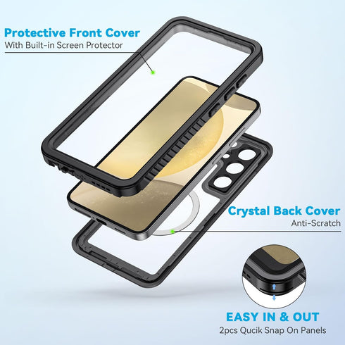 Lanhiem Magnetic Case for Samsung Galaxy S24+ Plus - IP68 Waterproof Dustproof Rugged Full Body Cover (Black/Clear)