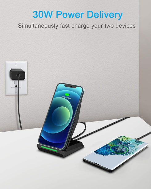 NANAMI 30W Max Wireless Charger, Qi Certified Fast Charging Stand with USB-A Port, Compatible with iPhone