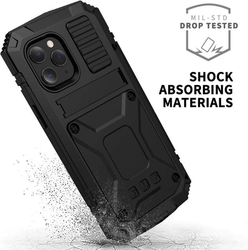 iPhone 12 Pro Max Metal Case with Kickstand, Built-in Screen Protector, Heavy Duty Shockproof, Black