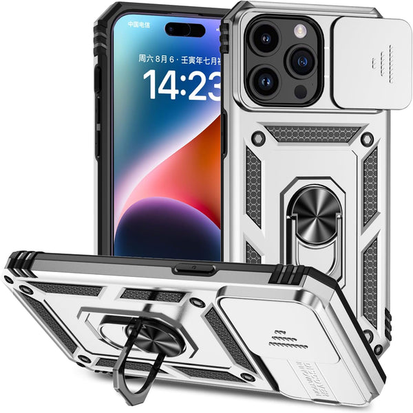 Hitaoyou Compatible with iPhone 15 Pro Max Case, Military Grade Shockproof Case with Camera Cover & Kickstand (Silver)