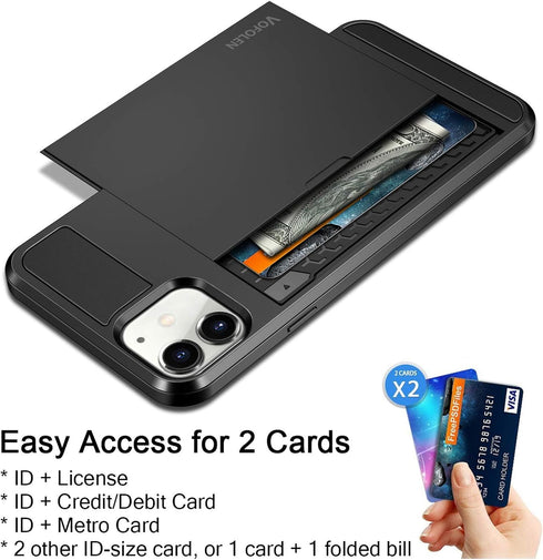 Vofolen Wallet Case for iPhone 12 5G, Black, Credit Card Holder Slot Sliding Back Pocket, Anti-Scratch Dual Layer