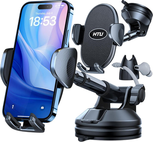 Cell Phone Holder for Car with 360° Rotatable Stand, Military-Grade Suction, Flexible Telescopic Arm, Black