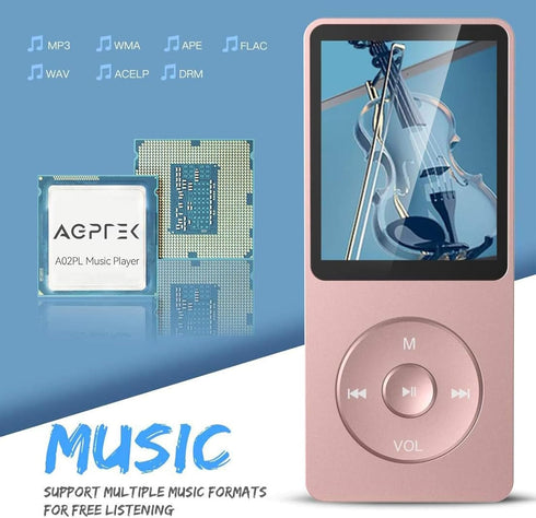 AGPTEK A02PL 64GB MP3 70 128GB(Rose Player, Hours Playback Lossless Sound Music Player, Supports up to Gold)