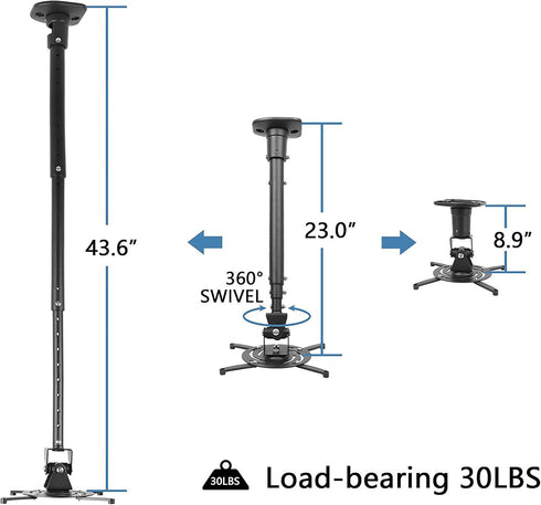 Full Motion Universal Ceiling Projector Mount Bracket - Adjustable Height, Extendable Arms, Rotating Swivel Mount