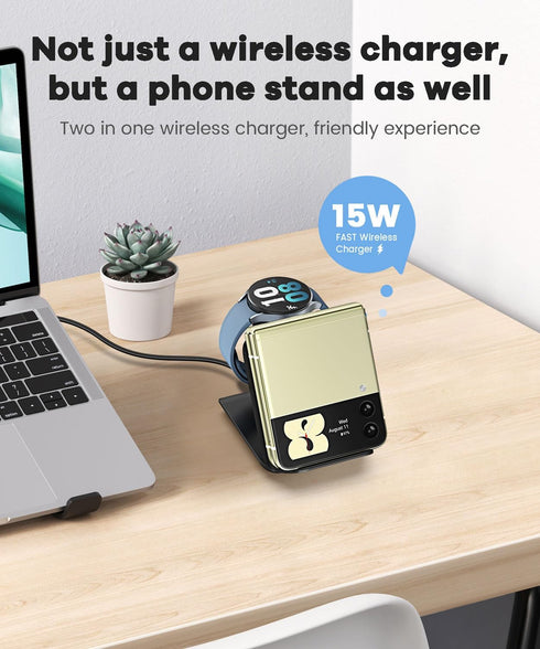 Fast Wireless Charger for Samsung - 2 in 1 Foldable Travel Charging Station, Compatible with Samsung Galaxy Z Flip