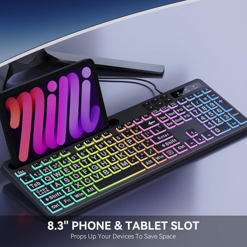 MARVO Large Print Backlit Keyboard, WK712 Wired Computer Keyboard with 7 Colors & 11 Modes for Windows, Mac