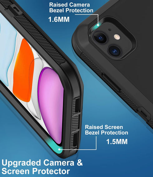 for iPhone 11 Case, Built-in Screen Protector Heavy Duty Drop Protection, Full Body Rugged Shockproof Cover - Black