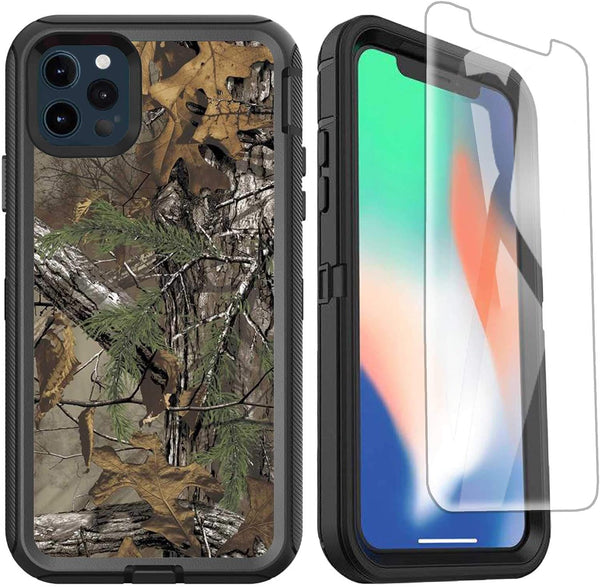 Compatible for iPhone 12/12 Pro Case with Screen Protector, 3-Layer Full Body Shockproof Rugged Camo Protective Case