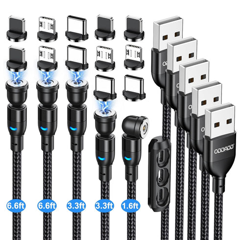 Magnetic Charging Cable 5-Pack, 540° Rotating Magnetic Phone Charger Cable with LED Light for Micro USB, USB C,