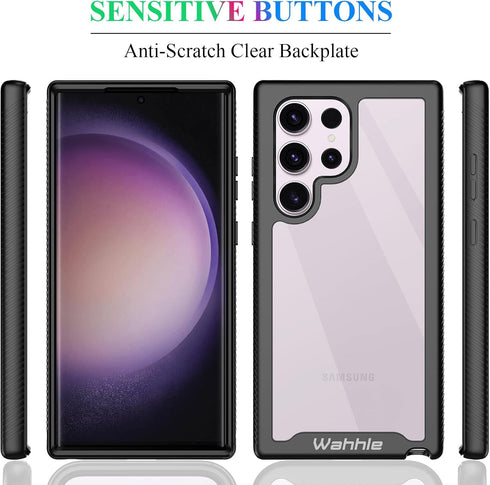 wahhle Samsung Galaxy S23 Ultra Case, Built-in Screen Protector, Full Body Shockproof Slim Fit Bumper Cover, Black/Clear