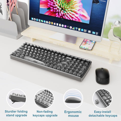 Wireless Transparent Keyboard and Mouse Combo with Soft Wrist Rest, Ergonomic Full-Size with Clear Keycaps, Compatible