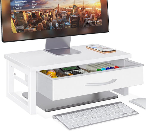 HEWORLIF Desk Organizers and Accessories, Computer Monitor Stand Riser with Drawer, White Laptop