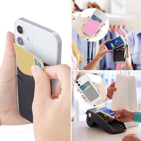 SS Phone Wallet Stick On - 2 Pocket Sleeve Adhesive Card Holder for iPhone, Samsung, Most Smartphones - 6 Pack