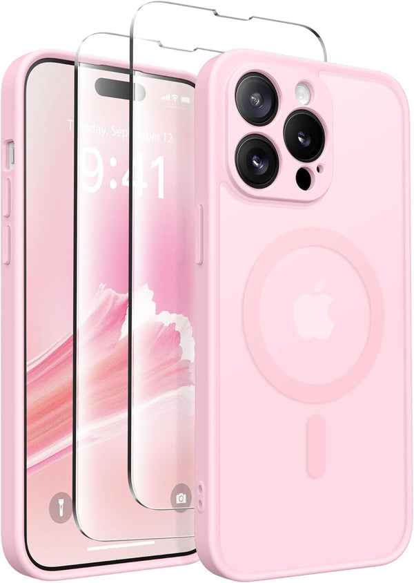 CAPRARO Pastel Pink Magnetic Case for iPhone 14 Pro, Shockproof Slim Thin Cover with Full Camera Protection