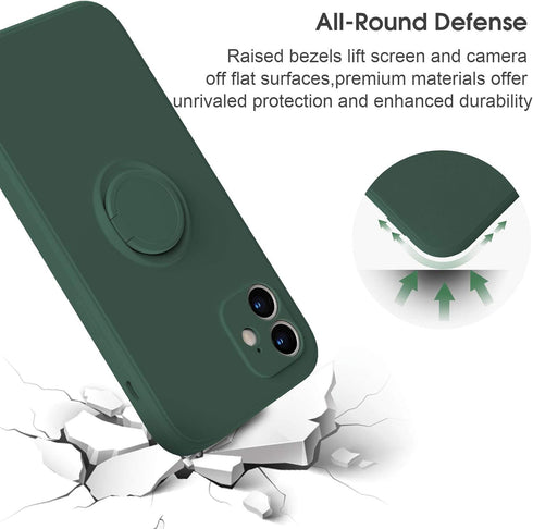 ABITKU iPhone 12 Case Compatible, Silicone with 360° Ring Kickstand Holder (Army Green) Soft Microfiber Cloth 6.1 inch