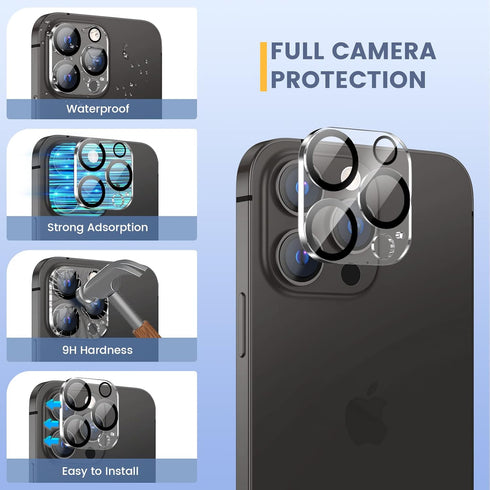 Maxdara iPhone 14 Pro Screen Protector 6 in 1, 9H Hardness, Ultra HD, 2 Pack Back & Front Glass, Camera Lens Protectors.
