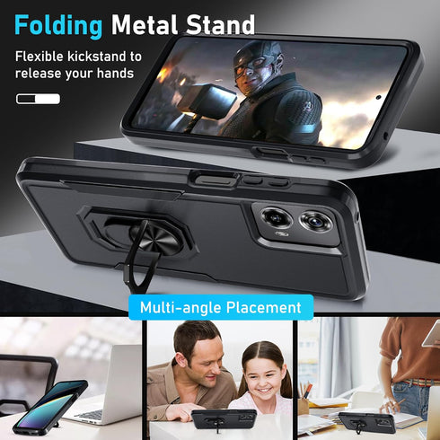 for Motorola Moto G 5G 2024 Case with Screen Protector,Heavy Duty Shockproof Full Body Protective Cover Built in Rotatable Metal Ring Holder Kickstand,Black Matte