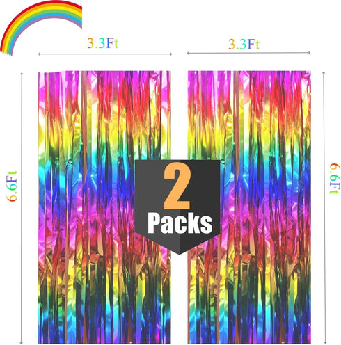 2 Packs Rainbow Party Decorations, Rainbow Foil Fringe Curtain, Neon Backdrop, Metallic Tinsel Photo Booth Props