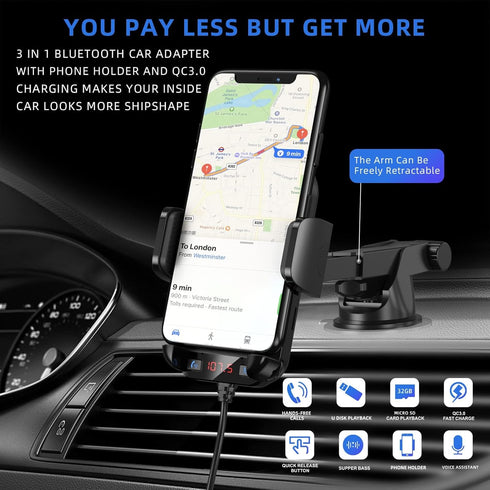 3IN1 Bluetooth Car Adapter, 5.3 FM Bluetooth Transmitter, QC3.0 Fast Charging, Supports Hands-Free Siri Google Assistant