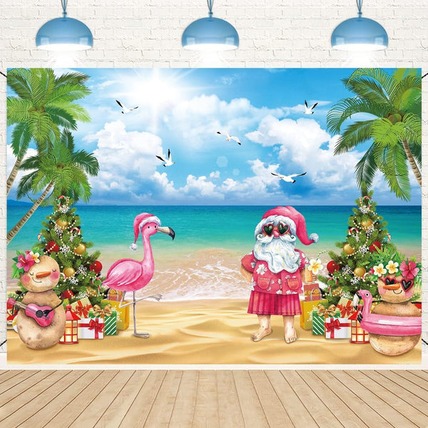 July Christmas Backdrop 8x6FT, Tropical Flamingo Palm Tree Hawaiian Photography Background for Summer Beach Party