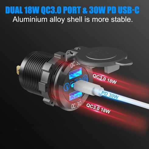 12 12V PD30W QC18W 150W 4 1 Volt USB Outlet RV Accessory Marine Switch Panel, Dual and Car USB Port Aluminum Charger