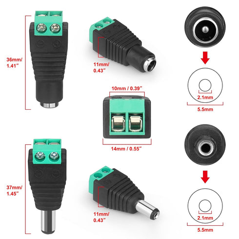 12V DC Adapter Plug 5.5mm x 2.1mm, 10 Pair (10 Male + 10 Female) DC Power Connector for LED Strip CCTV