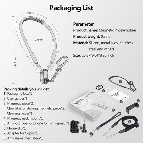 4 in 1 Magnetic Neck Phone Holder, POV/Vlog Neck Mount for Recording with Chest Strap/Phone Clip, Selfie Mount for