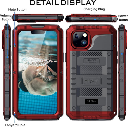 Mitywah Waterproof Case for iPhone 14 Plus - Heavy Duty Shockproof with Built-in Screen Protector, Red
