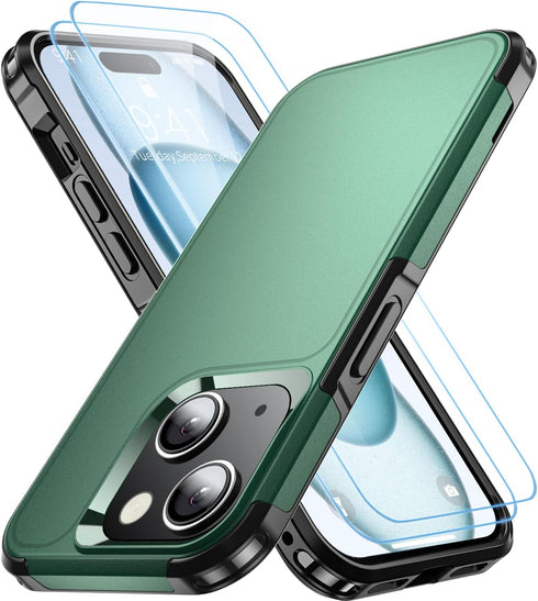 iPhone 15 Case - Dark Green, Shockproof with 15 FT Military Grade Drop Protection & 2X Tempered Glass Screen Protectors.
