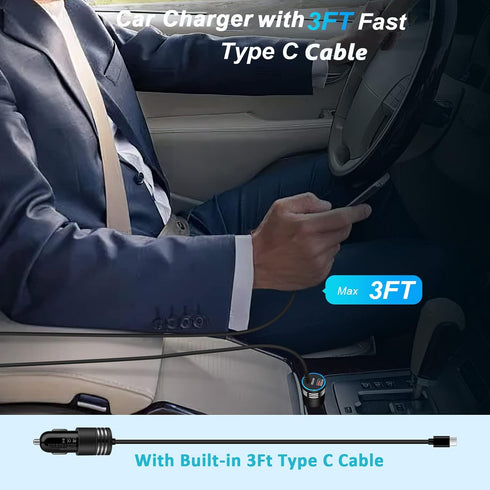 60W Super Fast Charging Android Car Charger Type C Rapid Samsung Car Charger with 3ft Built-in USB C Cable for Samsung