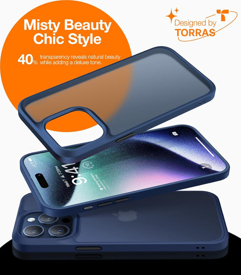 TORRAS iPhone 15 Pro Max Case - Navy Blue Titanium, Slim Shockproof, 12FT Military Grade, Translucent Matte Hard Back.