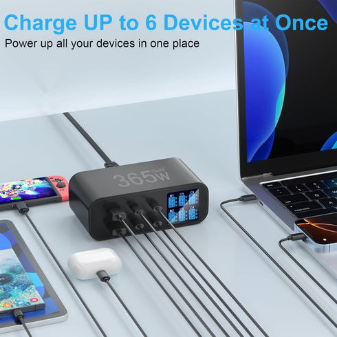 YSYFAD 6-Port 100w 65W 3.0 USB C Charger with LED Display Adjustable Brightness, USB Charging Station GaN Multiport